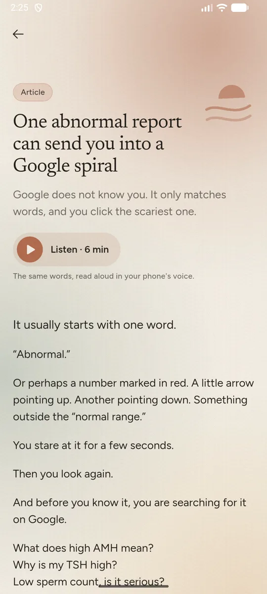 Astitva article screen with a Listen button