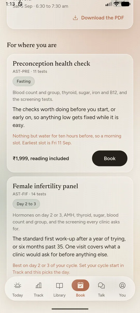 Astitva test booking screen with panels, prices and Book buttons