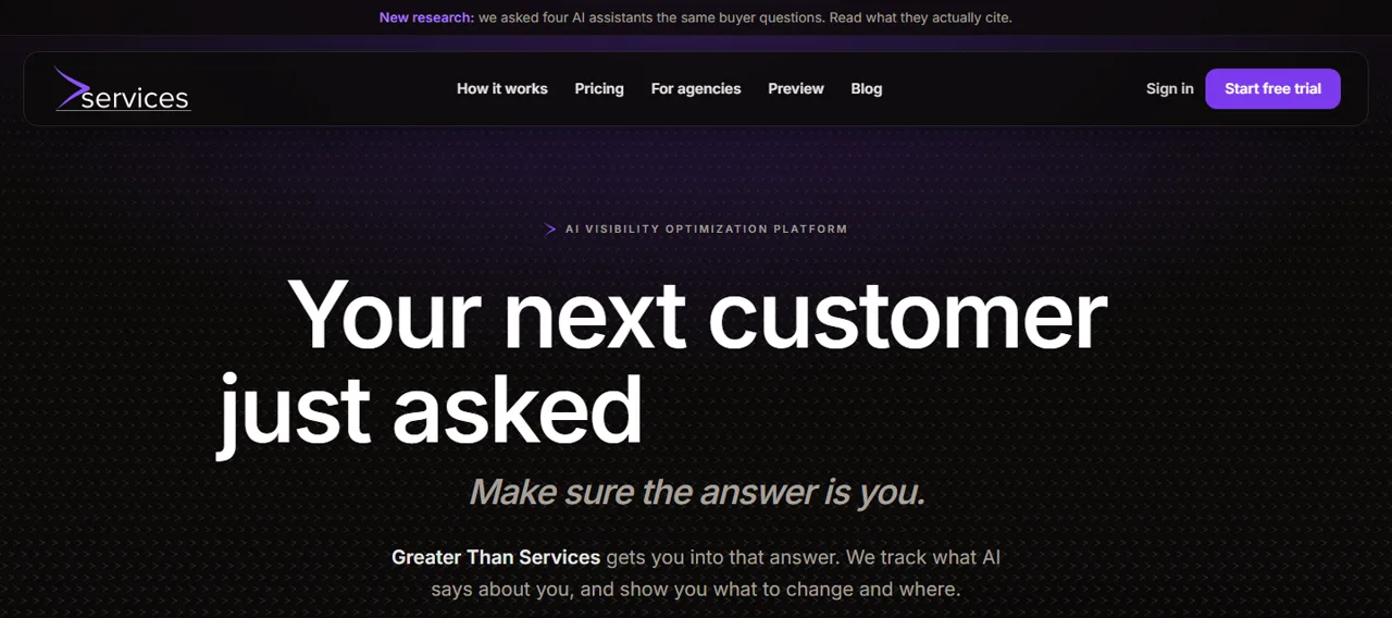 Homepage of Greater Than Services: 'Your next customer just asked. Make sure the answer is you.'